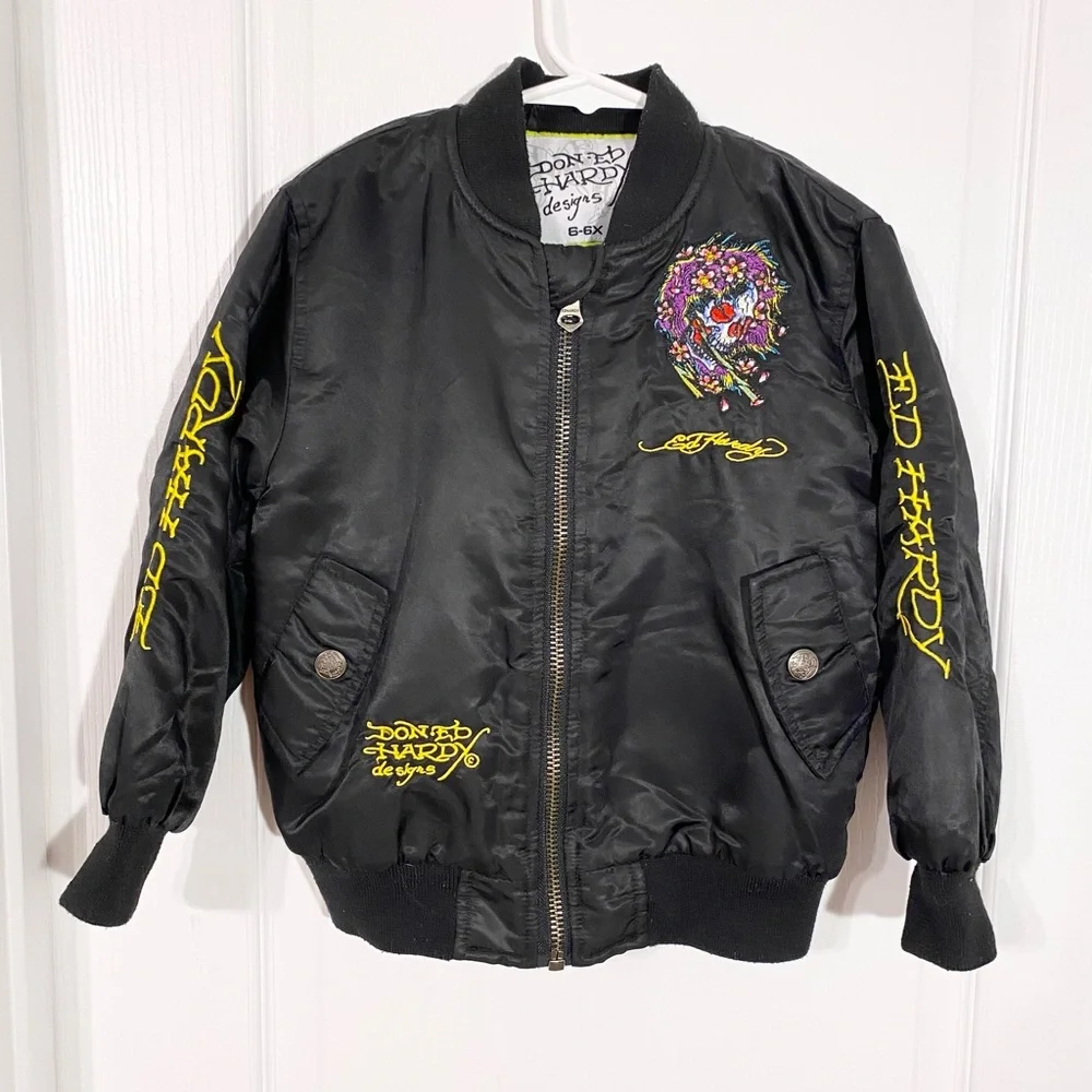 Y2K Ed Hardy Kids Skull Embroidered Satin Bomber Jacket Black Boys 6/7